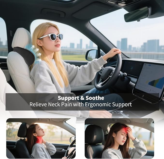 Car Neck Pillow for Driving Memory Foam Headrest Nappa Leather Head Rest for Most Cars SUV Home Office Traveling