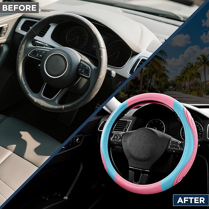 Road Comforts Car Steering Wheel Cover - Microfiber Leather Steering Wheel Wrap Sports 14.5-15 Inch Steering Wheel Cover Non-Slip for Men Women Pink & Blue Color