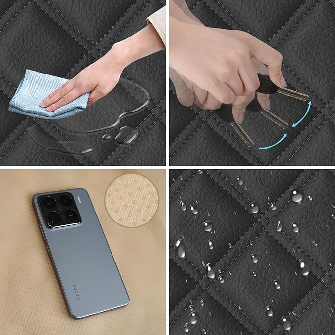 1 Pack PU Leather Quilting Front Car Seat Cover, Anti-Slip Full Wrap-Around Bottom Seat Protector Cushion with Storage Pocket, Universal Fit for Most Vehicles