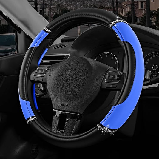 Road Comforts Leather Steering Wheel Cover - Made with PVC Leather - Anti-Slip, Universal Fit 14 1/2 inches to 15 inches - Blue