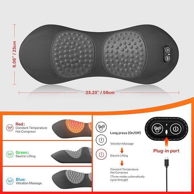 3-in-1 Electric Lumbar Support Pillow for Bed and Chair, Triple Fusion Back Massager with Heated, Vibration and Traction for Lower Back Pain Relief and Spine Support