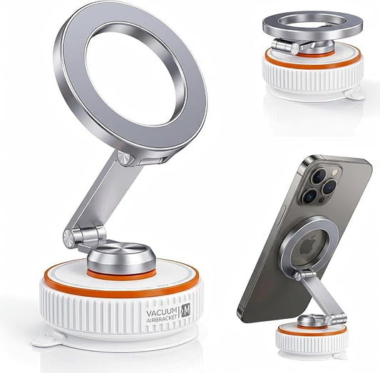Vacuum Magnetic Car Phone Mount, 120+ LB Vacuum Suction & 3000gf Magnetic Force, 360° Triple-Axis Adjustable Car Holder for iPhone & All Phones, Twist-Lock Suction Cup, Quick-Release – White