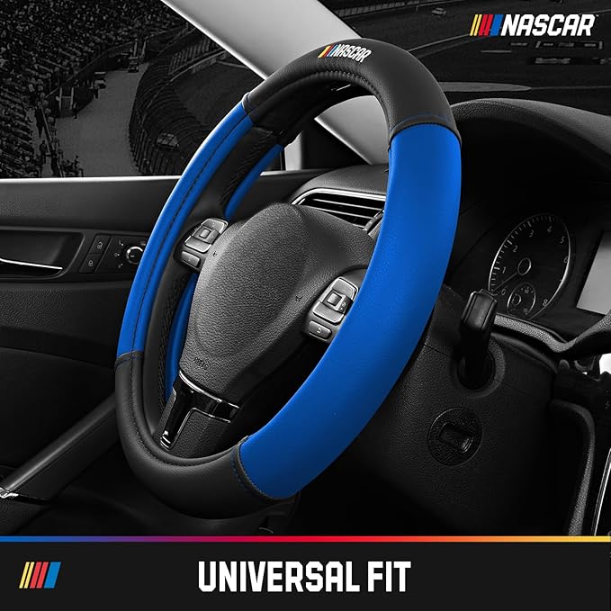 NASCAR Steering Wheel Cover, Two-Tone Blue Leather Patchwork, Universal Fit 14.5"-15.5" Steering Covers for Cars, Anti-Slip, Soft Grip, Odor-Free, Trucks & SUVs, Racing Style Interior Upgrade