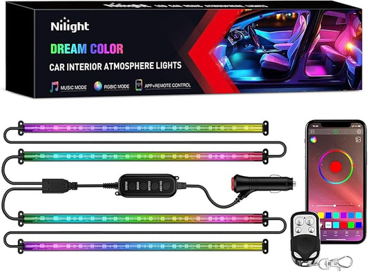 Nilight 4PCS Interior Car Strip Lights Cigarette Lighter Dream Color RGB-IC 12V DC with App Remote Control Multicolor Under Car Dash Lighting 2 Lines Design Music Sync Mode for Cars Truck ATV UTV