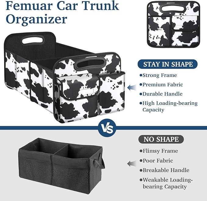 Femuar Car Trunk Organizer, Cow Print, Vintage Style, 52L Capacity, 4 Compartments, Waterproof, Non-Slip, Collapsible, 22.5"D x 18"W x 10.8"H