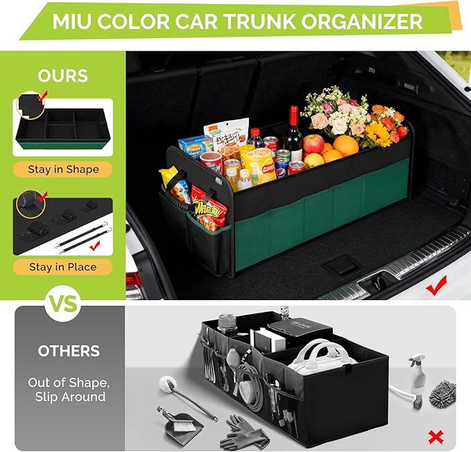 MIU COLOR Trunk Organizer for SUV, Large 5 Compartments Car Organizer, Collapsible Trunk Organizer, Strong Handle, Non-Slip Bottom, Storage Organizer for Sedans, Van, Jeep, Grocery, Black Mixed Green
