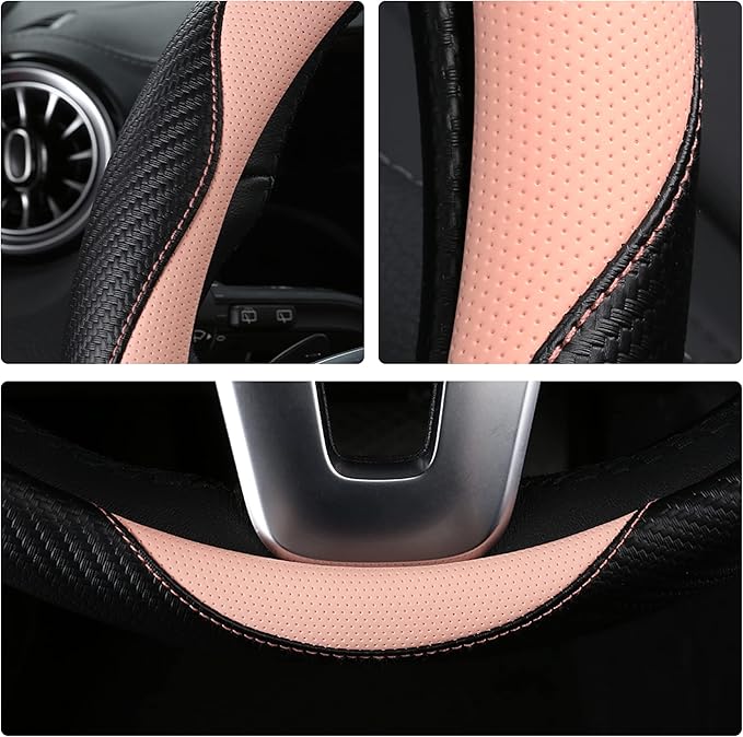 Car Steering Wheel Covers for Women Padded Carbon Fiber PU Leather Cute Auto Interior Accessories for Vehicle, Sedan, Universal, Anti Slip, Pink, Standard Size, 14.75-15.15in