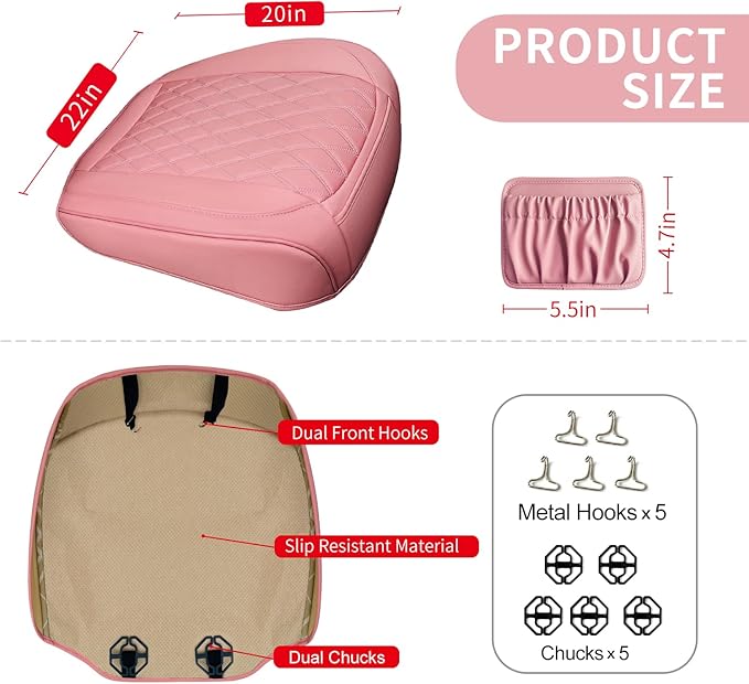 2 Pack Leather Front Car Seat Cover Bottom Car Seat, Anti-Slip and Full Wrap Driver Car Seat Protectors with Storage Pocket, Luxury Waterproof Bottom Auto Seat Cushion Pad Mat for Most Vehicles(Pink)