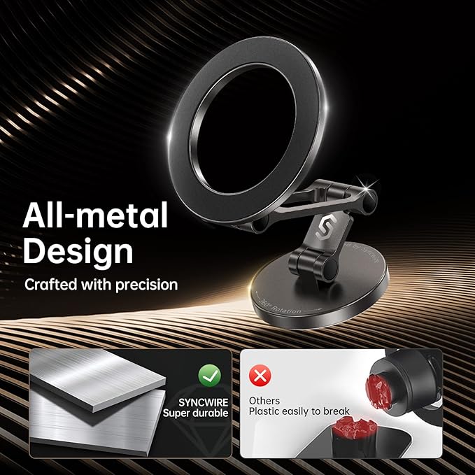 Syncwire Fits MagSafe Car Mount for Car Dash&Tesla Screen[All-Metal] Magnetic Phone Holder, [Flexible Three-axis]360° Rotation Car Mount Strong Magnets Car Phone Holder for iPhone 17 16 15 14 Pro Max