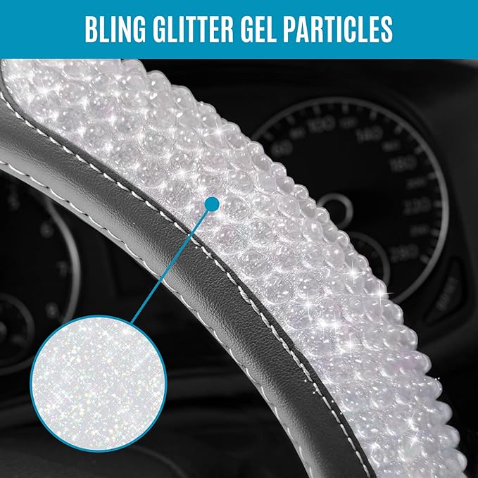 PIC AUTO Steering Wheel Cover, Glitter Gel Particles & Beige Luxury Leather Car Steering Cover, Universal Fit 14.5"-15.5" Anti-Slip Car Wheels Cover for Girls & Women