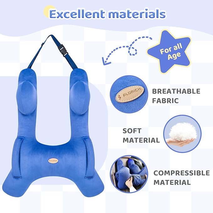 FLORICH Kids Travel Pillow, Car Sleeping Travel Pillow for Kids, Washable H-Shaped Pillow for Adults and Children to Support Head and Body for Road Trips Pillow for Car (Blue)