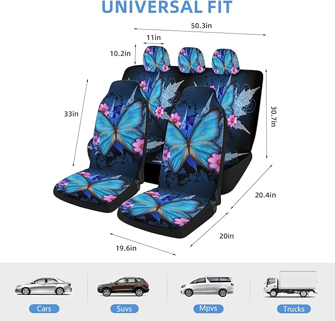 2 Pcs Premium Blue Butterflies Car Seat Cover, Breathable & Washable Car Seat Covers Full Sets, Fashionable Printed Seat Covers for Cars Interior, Universal Fit for Most Cars, Sedan, Truck, SUV