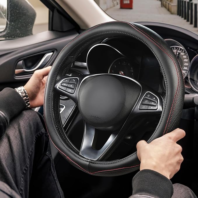 High-Grade Real Cowhide Steering Wheel Cover for Men Women，Black Genuine Leather Steering Wheel Cover for Cars,Universal 14.5-15 inch Steering Wheels