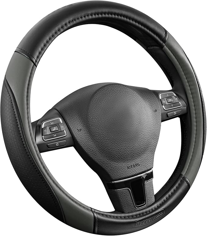 Rubbermaid Steering Wheel Cover – Universal Fit 14.5"–15" Steering Wheel Cover, Anti-Slip Grip, Breathable Leather, All-Season Protection, Interior Upgrade for Cars, Trucks, SUVs - Gray