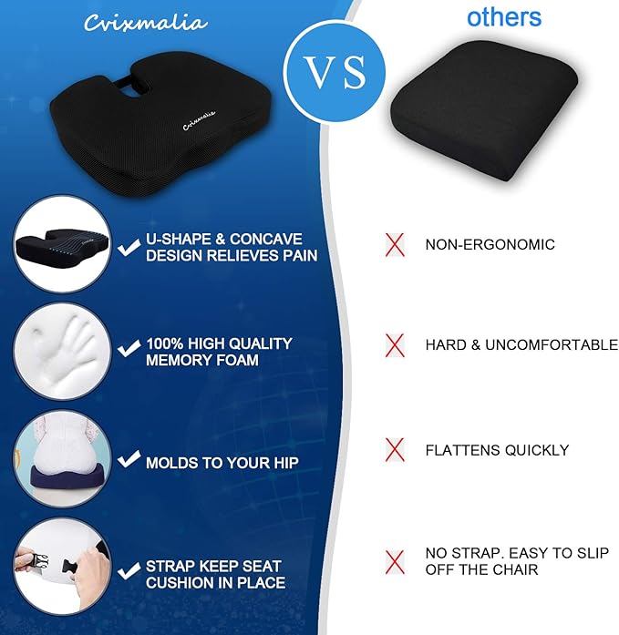 Seat Cushion Premium Memory Foam Non-Slip Coccyx Tailbone Cushion for Office Chair, Car Seat, Wheelchair, Yoga and Travelling- Back, Hip and Tailbone Pain Relief