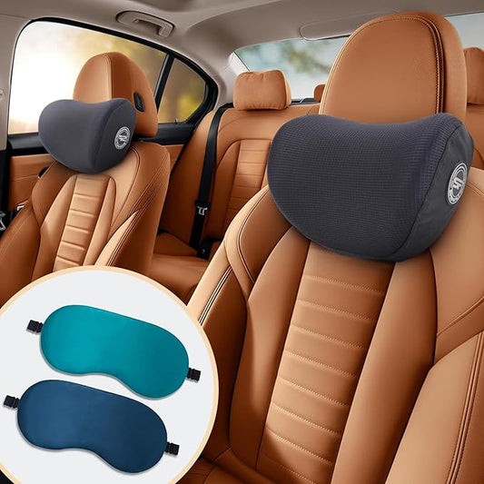 2 Pack Car Headrest Pillow, Extra Soft Car Pillow, 100% Memory Foam Car Neck Pillow for Driving - Universal Fit Travel Car Rest Pillow for Pain Relief While Driving(Comes with 2 Eye Masks)