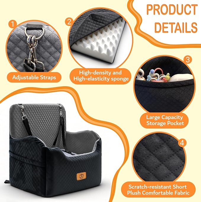 Memory Foam Dog Booster Seat Under 35 lbs, Medium Dog Car Seat, Comfortable Hi-Density Sponge Car Bed for Small/Medium Pets,Detachable and Washable Pet Travel Bed with 2 Adjustable Safety Belt