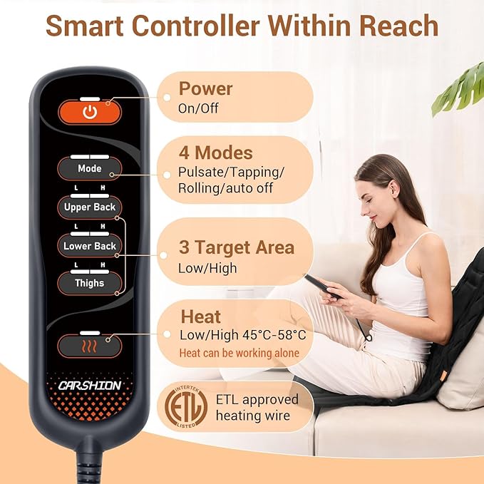 Back Massager with Heat,Heated Seat Cover Cushion with 5 Vibrating Massage Nodes Chair Pad for Pain Relief Home Office Use