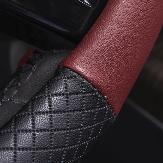 CAR PASS Rhombus Leather Universal Steering Wheel Cover, Fit for Suvs,Trucks,Cars,Sedans,Vans (Black&Burgundy)