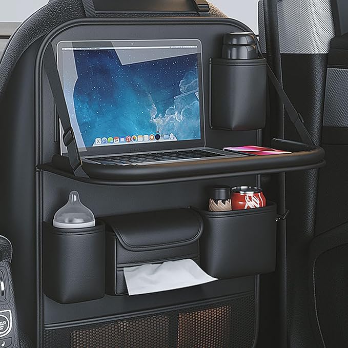 Foldable Car Table for Backseat Headrest with Big Pockets Waterproof Leather, Back Seat Car Organizer with Tray, Seat Organizer for Backseat