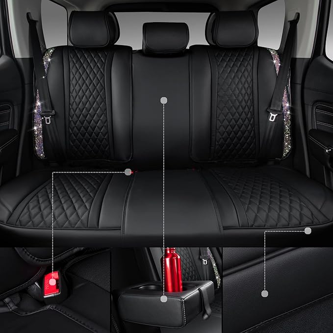 CAR PASS Iridescent Diamond &NAPPA Calfskin Leather Cushioned,Bling Seat Covers,Waterproof Heavy-Duty Anti-Slip,Universal Fit for Auto SUV Sedan,Sparkly Glitter Shining Rhinestone Full Set, Multicolor