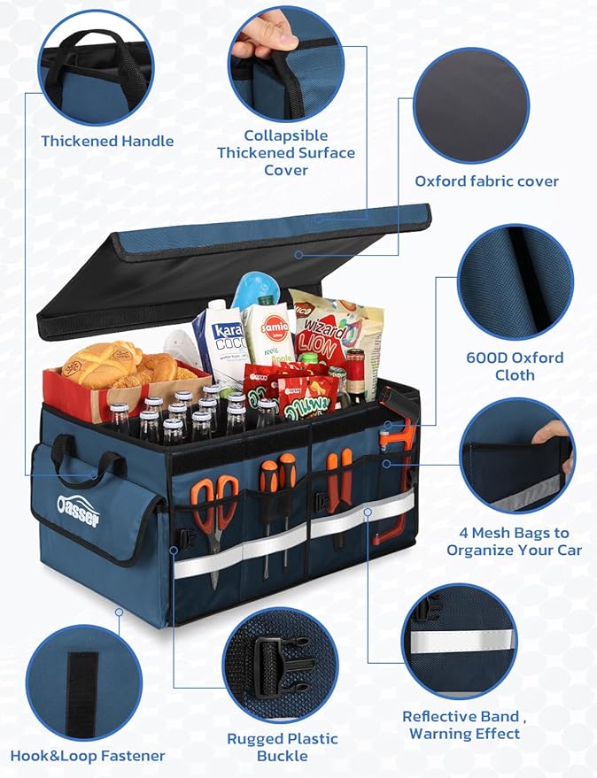 Oasser Car Trunk Organizer Collapsible Multi Compartments Trunk Organizer for SUV with Foldable Cover Reflective Strip (Standard, Blue)