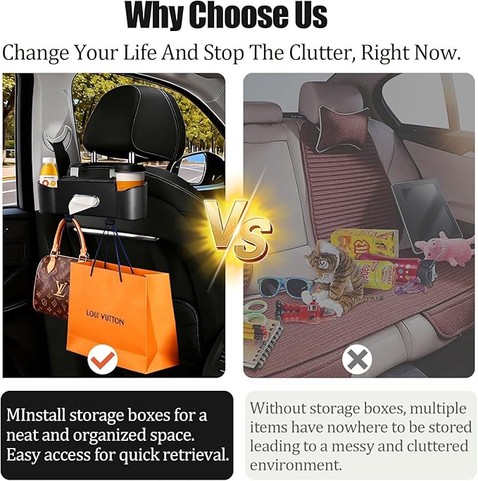 2Pack Car Backseat Organizer for Kids & Travelers - 4 in 1 Multifunctional Car Seat Back Storage with Cup Holder, Tissue Box, Snack/Handbag Holder - Nappa Leather Universal Fit for SUV/Van(Black)