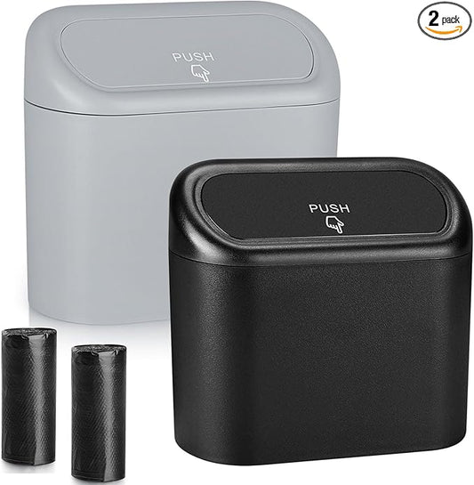 Accmor Car Trash Can, 2 Pack Mini Vehicle Dustbin with Lid, Leakproof Auto Garbage Accessories Organizer Bin with 60 Pcs Trash Bags for Car for Truck, Home, Office