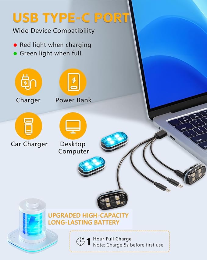 Upgrade 8PCS Wireless 4-LED Strobe Lights with Remote, 8 Colors Waterproof Aircraft Strobe Lights, Type-C Rechargeable LED Warning Light for Motorcycle Bike Drone Aircraft Car New Year