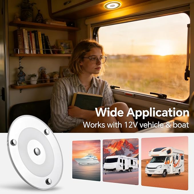 12V Ceiling Dome Light, 4.75 Inch 400LM Dimmable Interior Light for RV Boat Camper Van Travel Trailer Truck Fifth Wheel Interior Lighting, Blue Night Light & Touch Switch(Warm White)