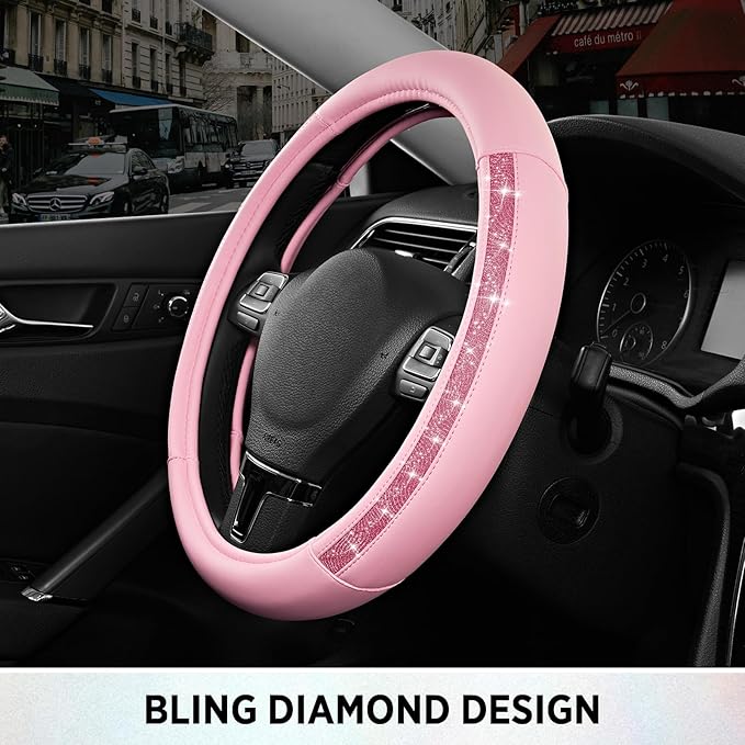 Road Comforts Steering Wheel Cover, Glitter Bling Leather Wheel Cover, Universal Fit 14.5"-15.5" Steering Wheels for Women & Girls, Anti-Slip Car Wheel Protector for Cars, Trucks, Vans, SUVs-HotPink