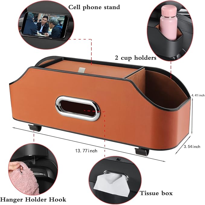 Car Seat Back Organizer - Stylish & Functional Storage for Family Adventures - Cup Holders, Tissue Box & Hooks - Perfect for Kids, Road Trips & Travel (Orange)