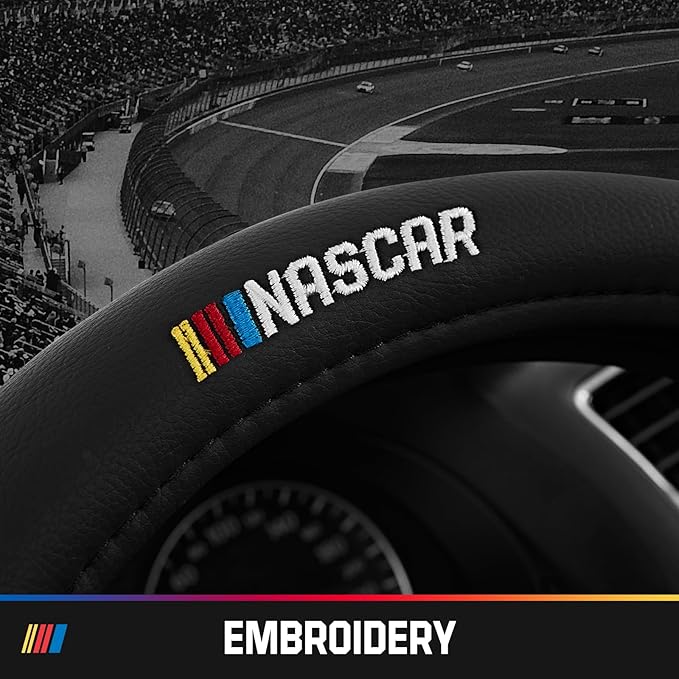 NASCAR Steering Wheel Cover, Two-Tone Black Leather Patchwork, Universal Fit 14.5"-15.5" Steering Covers for Cars, Anti-Slip, Soft Grip, Odor-Free, Trucks & SUVs, Racing Style Interior Upgrade