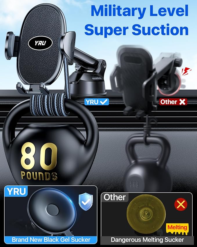 YRU Upgraded Universal Car Phone Holder Mount【360°Rotatable & Strong Suction】 Cell Phone Car Dashboard Windshield Phone Holder Dash Vent Stand for iPhone 17 16 Pro Max Samsung Truck, Black