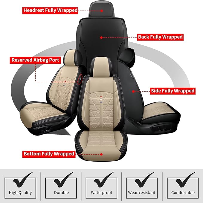 Front Seat Covers Fit for Kia Soul 2010-2023 2024 2025 Seat Covers Waterproof Leather Automotive Seat Cushion with Airbag Compatible (2 Seats, Black & Beige)