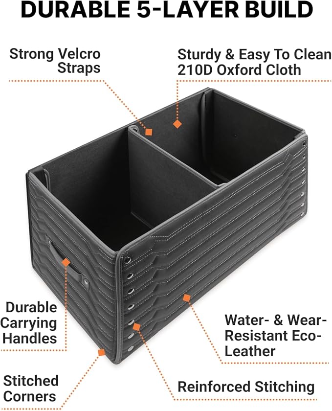 Owleys Trunk Storage 17.7" Collapsible Crate For Groceries, Tools & Travel Gear - Eco-Leather Car Organizer With Magnetic Lid - Practical Birthday Gift For Men (Highway 17)