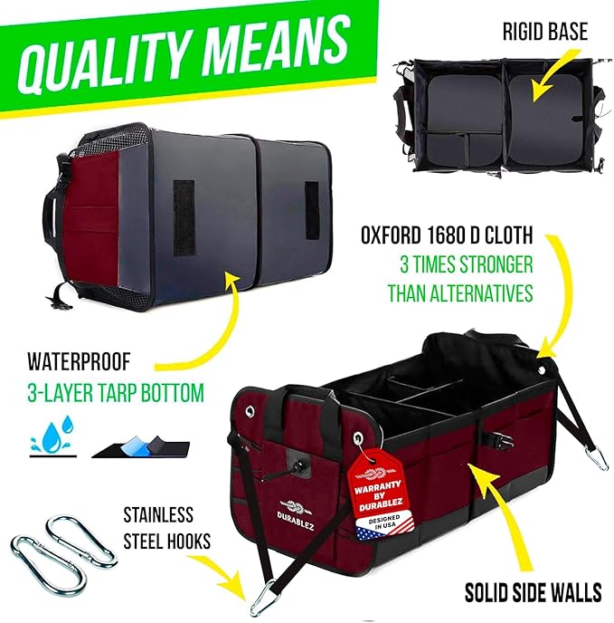 4-Section Trunk Organizer for SUV, Truck, Van, Sedan – Modular Extra Large Cargo Bin, Detachable Car Trunk Storage with Dividers, Collapsible Auto Organization System – Cherry