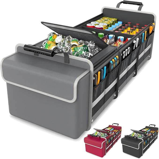 Large Trunk Organizer for SUV with Premium Portable Cooler Bag, Car Organizers and Storage with Foldable Cover, Collapsible Car Trunk Organizer for Truck, Adjustable Securing Straps, 90L+20L, Gray-C