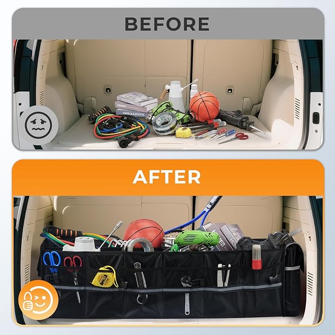HIRALIY 4 in 1 Car Trunk Storage Organizer with Leakproof Cooler Bag, Made of 1680D Oxford and PP board, Multi-Compartment Foldable Trunk Storage Box for Car Truck SUV