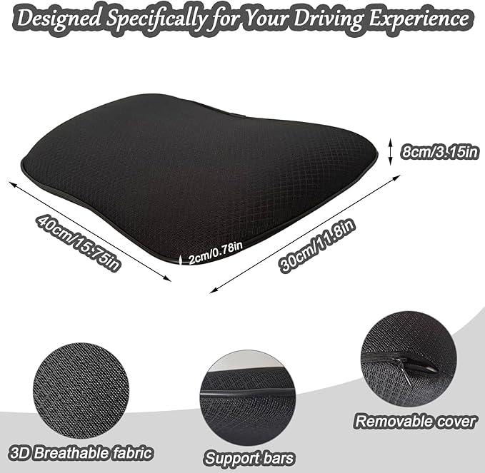2 in 1 Wedge Car Seat Cushion or Lumbar Support - 3.2 inches Soft Memory Foam Cushion for Car Seat Driver for Comfort - Driving Cushion for Butt and Back Sciatica Pain Relief, Gray