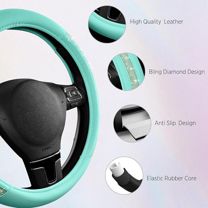 Road Comforts Steering Wheel Cover, Glitter Bling Leather Wheel Cover, Universal Fit 14.5"-15.5" Steering Wheels for Women & Girls, Anti-Slip Car Wheel Protector for Cars, Trucks, Vans, SUVs-Mint