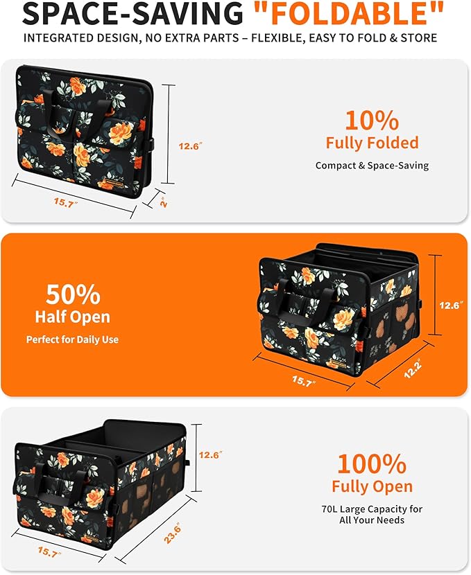Sturdy Car Trunk Organizer – Large Capacity Trunk Organizer for SUVs & Sedans, Hard-Shell One-Piece Design with Cute Print, Collapsible and Durable Car Organizers (Flower 70L)