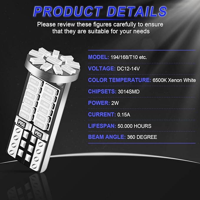 10Pcs Super Bright 194 T10 168 2825 W5W 34-SMD 3014 Chipsets Replacement LED Bulb for Car Trunk Interior Dome Map Door Courtesy License Plate Lights - Blue