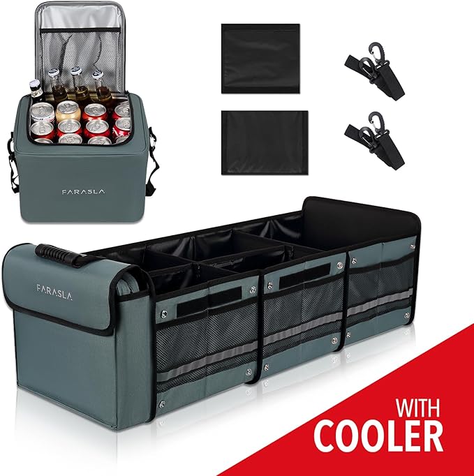 Farasla Waterproof Trunk Organizer with Insulated Leakproof Cooler Bag, Foldable Cover, Adjustable Securing Straps (4-in-1 w/Cooler, Gray)