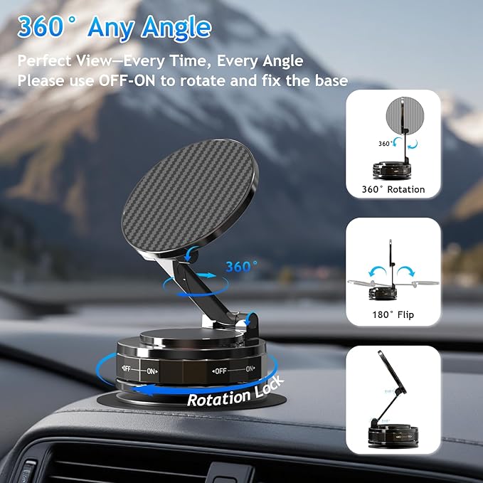 Phone Holders for Your car, Compatible with MagSafe, Ultra Vacuum Suction Cup Mount, 360° Rotation, Car Phone Holder Compatible with All Models, Carbon Fiber Deep Brown