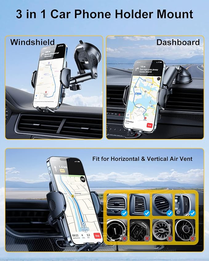 3-in-1 Phone Mount for Car [2025 Most Stable and Flexible Suction Cup] Vent Dashboard Windshield Cell Phone Holder Car Fit for iPhone, Samsung, All Phone