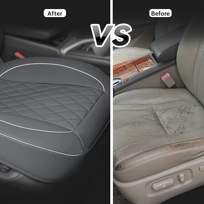 1 Pack PU Leather Quilting Front Car Seat Cover, Anti-Slip Full Wrap-Around Bottom Seat Protector Cushion with Storage Pocket, Universal Fit for Most Vehicles