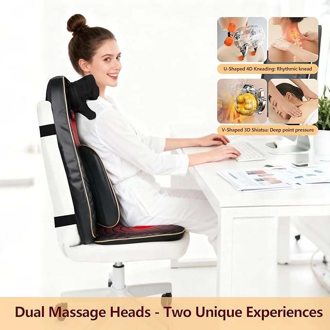 Neck and Back Massager with Heat - Shiatsu Full Back Walking Massager with Deep Kneading & Seat Cushion Vibration for Chair and Home, Pain Relief, Dual-Neck Detachable and Height Adjustment