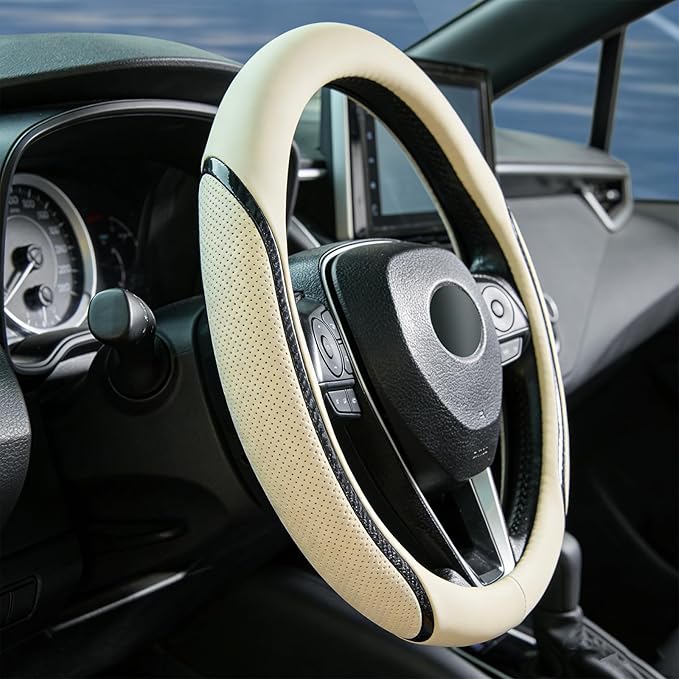 Car Steering Wheel Cover Beige, 14.5-15 inch Steering Wheel Covers with Coasters Microfiber Leather Carbon Fiber Breathable Anti-Slip Durable Universal Auto Steering Wheel Protective