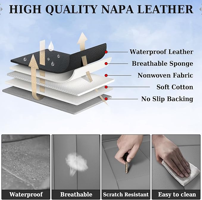 Coverado Back Seat Cover, Gray Seat Covers for Cars, Waterproof Back of Car Seat Protector for Kids, 3-Pieces Nappa Leather Car Seat Cushion, Universal Fit Most Cars Interior Backseat Covers